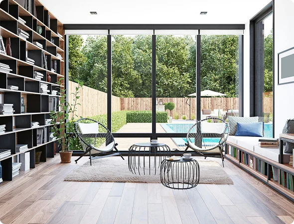 Sala de estar integrada com vista para jardim e piscina